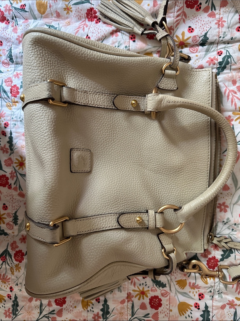 Dooney & Bourke Cream Pebbled Leather Shoulder Bag with Gold Hardware